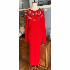 Vtg 80’s Outlander Lambswool Angora Sweater Dress Midi Jeweled Necklace XS/S Red